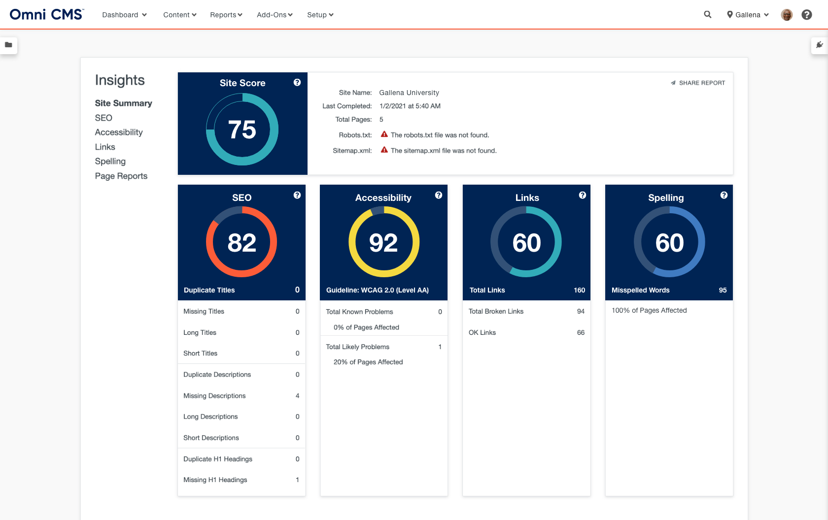 Omni CMS Insights modules reports on website SEO and accessibility issues.