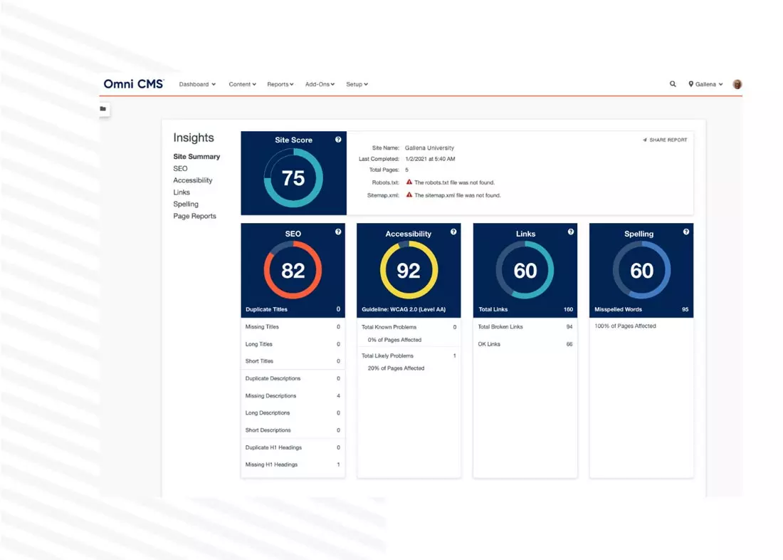 Omni CMS Insights scans your website for SEO and accessibility issues.